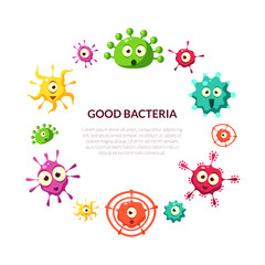 Good Bacteria Banner Template with Cute Colorful Microorganisms Pattern in Circular Shape, Probiotics, Medicine or Dietary Supplements Vector Illustration