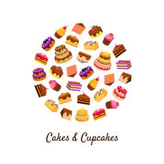 Cakes and Cupcakes Banner Template, Delicious Desserts in Circular Shape Vector Illustration