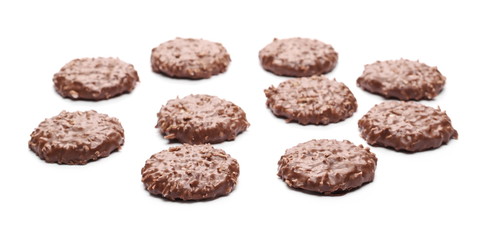 Cocoa cookies, biscuits with coconut isolated on white background
