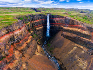 Aerial view Icelandic summer landscape of the Aldeyjarfoss waterfall in north Iceland. The...