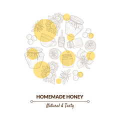 Organic Honey Banner Template with Hand Drawn Pattern in Circular Shape, Natural Sweet Healthy Food, Design Element Can Be Used for Card, Label, Invitation, Certificate Vector Illustration