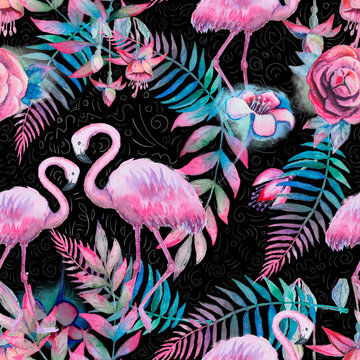 Tropical seamless floral pattern with watercolor palm leaves and pink flamingo on black background. Purple, pink and green texture. Floral mix artwork