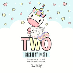 Two Birthday party invitation with baby unicorn