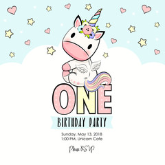 One Birthday party invitation with baby unicorn