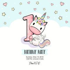 One Birthday party invitation with baby unicorn © Elena Baryshkina