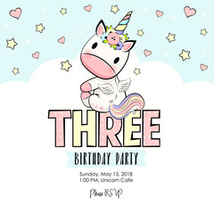 Three Birthday party invitation with baby unicorn