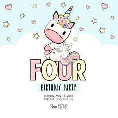 Four Birthday party invitation with baby unicorn