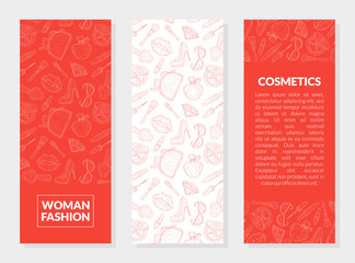 Woman Fashion, Cosmetics Banner Templates Set with Place for Text, Makeup Products and Female Beauty Elements Hand Drawn Pattern, Design Element Can Be Used for Card, Label Vector Illustration