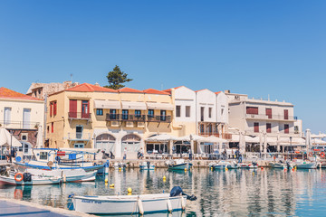 Colourful buildings in the Venetian harbour village of Rethymno on Crete