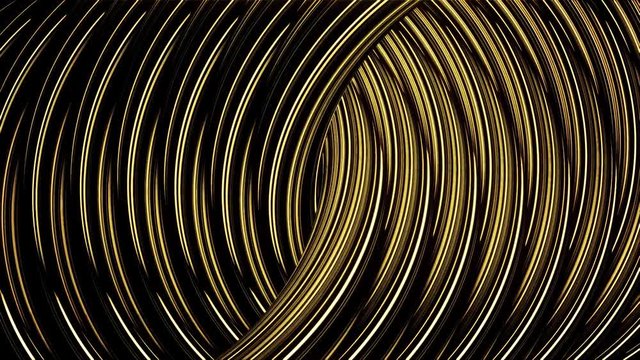 Close up for abstract twisted golden chains moving slowly, seamless loop. Animation. Yellow hypnotic curved rings flowing endlessly.