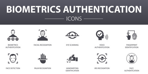 Biometrics authentication simple concept icons set. Contains such icons as facial recognition, face detection, fingerprint identification, palm recognition and more, can be used for web, logo, UI/UX