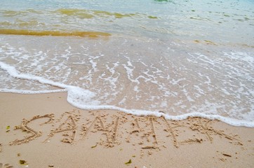 inscription summer, written in the sand, summer weather, hot day, washed away in a wave, footprint on the sand, summer day