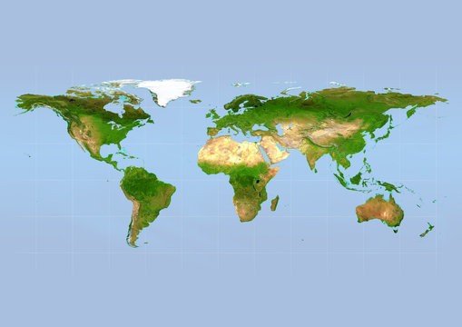natural world map in relief depiction with europe in the center and a blue background