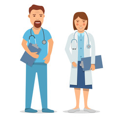 Medical staff.Male and female nurse,doctor.Wear blue workwear and a white bathrobe to work in a medical clinic.