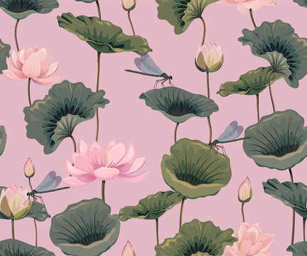 seamless pattern with lotuses and dragonflies