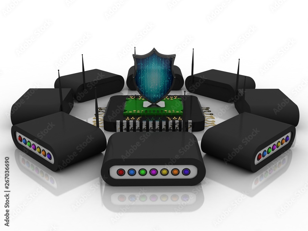 Poster 3d rendering shield in microchips around wifi modem