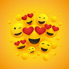     Various Smiling Happy Emoticons with Heart Shaped Eyes in Front of a Yellow Background, Vector Design, Concept Illustration 