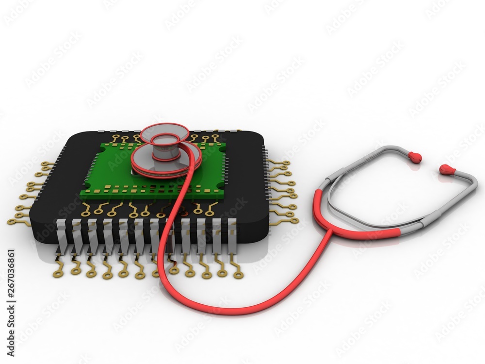 Poster 3d rendering stethoscope protected microchips