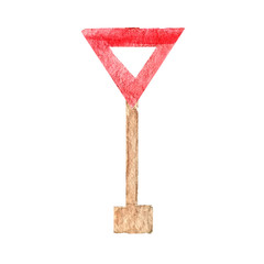 Red triangular road sign give way  on the post in watercolor