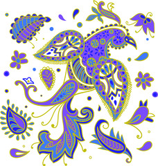 Obraz premium Vector seamless pattern. Firebird and floral elements in Paisley style. 