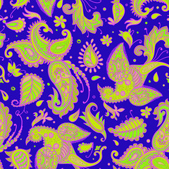 Fototapeta na wymiar Vector seamless pattern. Firebirds and floral elements in Paisley style. 