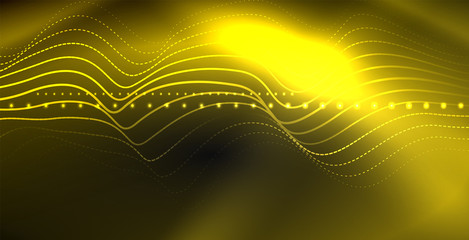 Glowing abstract wave on dark, shiny motion, magic space light. Techno abstract background