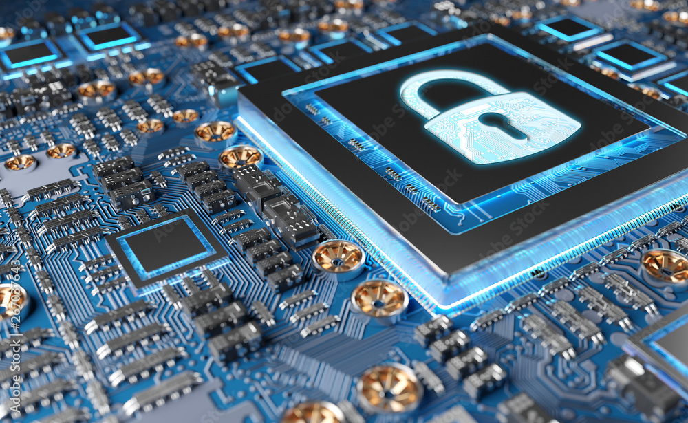 Fototapete close-up view of a modern gpu card with padlock protection 3d rendering