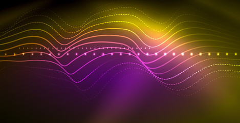 Glowing abstract wave on dark, shiny motion, magic space light. Techno abstract background