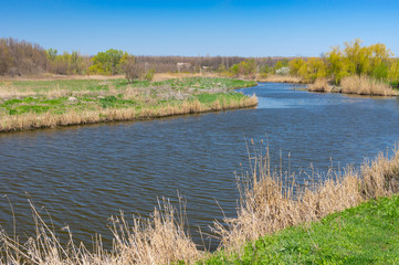 Seasonal landscape with Sura riverside near Dnipro city, Ukraine