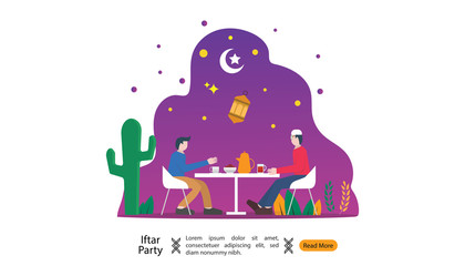 Breaking fast in eating feast party concept. Moslem family dinner on Ramadan Kareem or celebrating Eid with people character. web landing page template, banner, presentation, social or print media