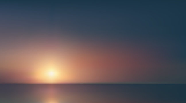 Abstract aerial panoramic view of sunrise over ocean. Nothing but blue bright sky and deep dark water. Beautiful serene scene. Romantic Vector illustration. EPS 10