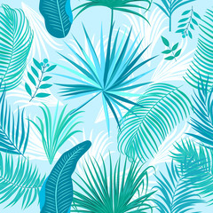 Fototapeta na wymiar Tropical blue palm leaves, jungle seamless pattern