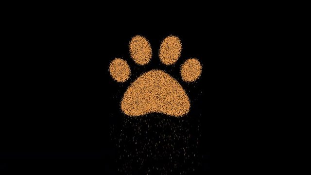Symbol paw appears from crumbling sand. Then crumbles down. Alpha channel Premultiplied - Matted with color black