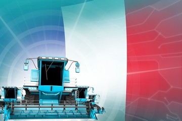 Farm machinery modernisation concept, blue modern farm combine harvesters on France flag - digital industrial 3D illustration