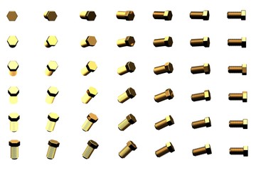 very many yellow, golden clinchers rotated by different angles isolated on white - creative industrial 3D illustration, picture for art using