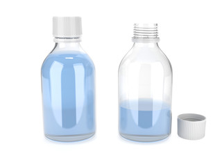 Tranpsarent plastic bottle with blue liquid. 3d rendering illustration isolated
