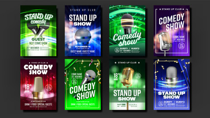 Colorful Collection Comedy Show Posters Set Vector. Microphones, Confetti, Multicolored Curtains Depicted And Calligraphy Font Text Info On Different Posters Of Humor Show. Realistic 3d Illustration - obrazy, fototapety, plakaty