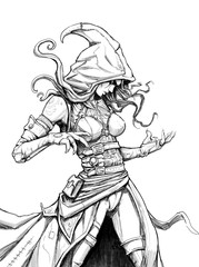 Goth girl in the hood stands in an elegant pose