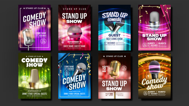 Collection Of Comedy Show Poster Cards Set Vector. Microphones, Bright Confetti, Multicolored Curtains Depicted And Calligraphy Text On Poster. Humorous Leisure Time In Club Realistic 3d Illustration