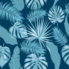 Crédence de cuisine en verre imprimé Feuilles tropicales Feuilles de palmier bleu tropical, modèle sans couture de jungle