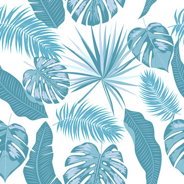 Tropical Blue Palm Leaves, Jungle Seamless Pattern