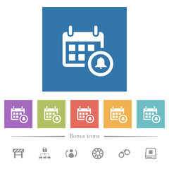 Calendar alarm flat white icons in square backgrounds