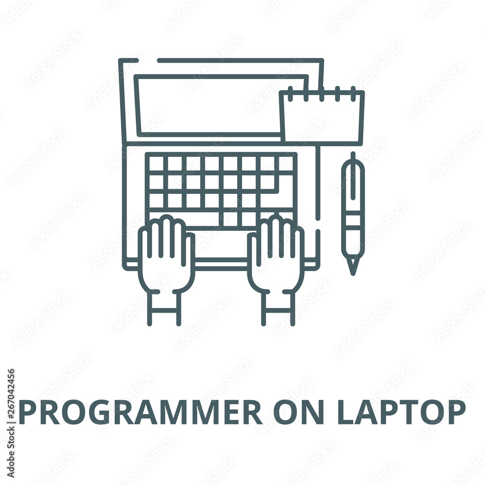 Poster programmer on laptop vector line icon, outline concept, linear sign