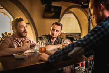 Cheerful friends drinking draft beer in a pub