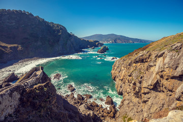 Fototapeta na wymiar Panoramic view of the rocky coast. Gaztelugatxe, Bermeo, Basque Country, Spain, Europe