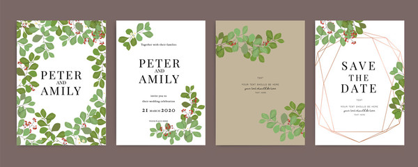 Wedding Invitation, floral invite thank you, rsvp modern card Design in red berry and leaf greenery  branches decorative Vector elegant rustic template