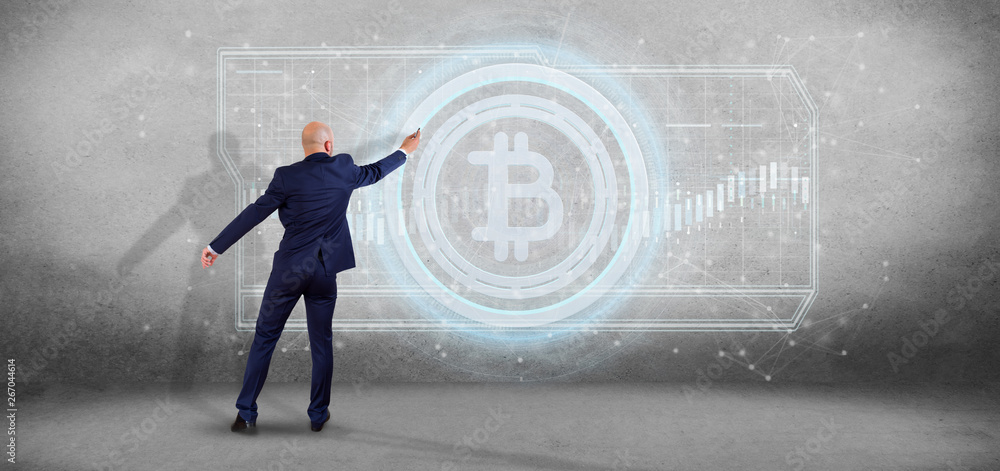 Poster man holding a technology bitcoin icon on a circle 3d rendering