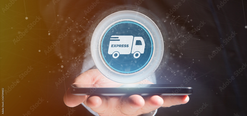 Poster businessman holding a fast delivery button with connection 3d rendering