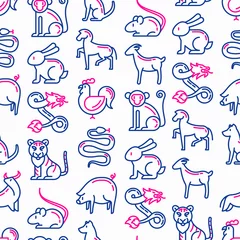Fotobehang Eenhoorns Chinees Horoscoop naadloos patroon met dunne lijnpictogrammen: haan, os, muis, draak, tijger, konijn, varken, paard, hond, aap, geit. Moderne vectorillustratie voor kalenderachtergrond.