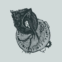 Abstract graphic composition with face and clock. hand-drawn vector